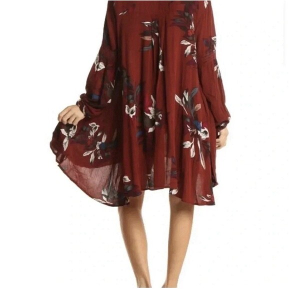 Free People Tree Swing Wine Floral Boho Hippie Cut Out Smocked Tunic Dress Small - Picture 3 of 11